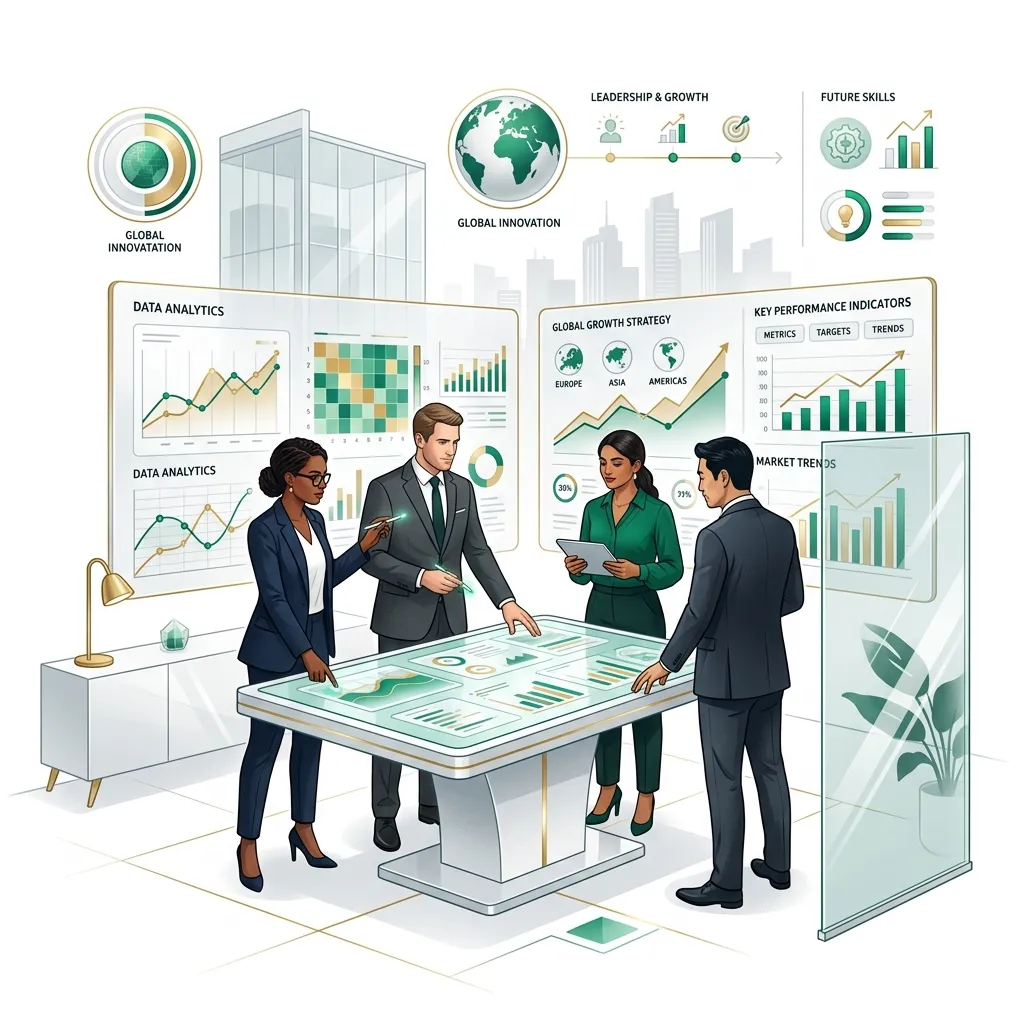 Modern business professionals analyzing data and strategic charts