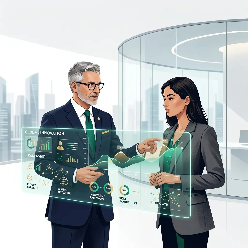 A mentor guiding a young professional looking at a futuristic digital interface