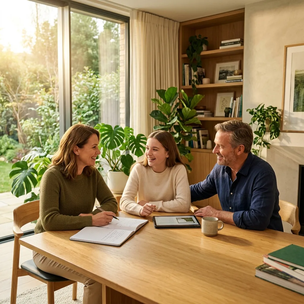 A family engaged in open, structured conversation through the Family Transformation Engine