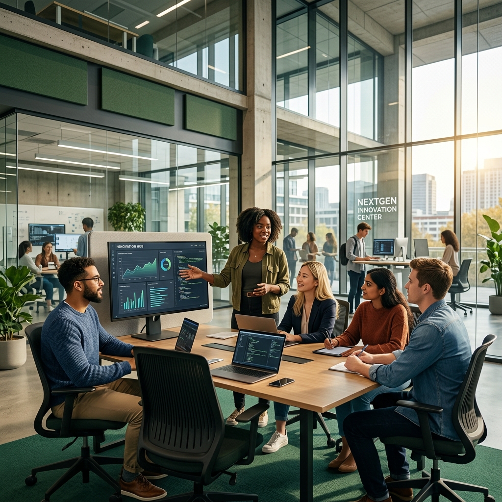 Future-ready students collaborating in a modern innovation campus