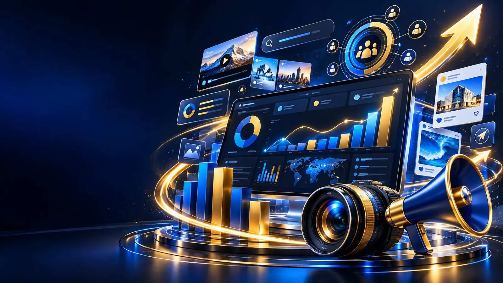 Digital marketing tools: an analytics dashboard with growth charts, social media posts, a search bar, a camera and a megaphone.
