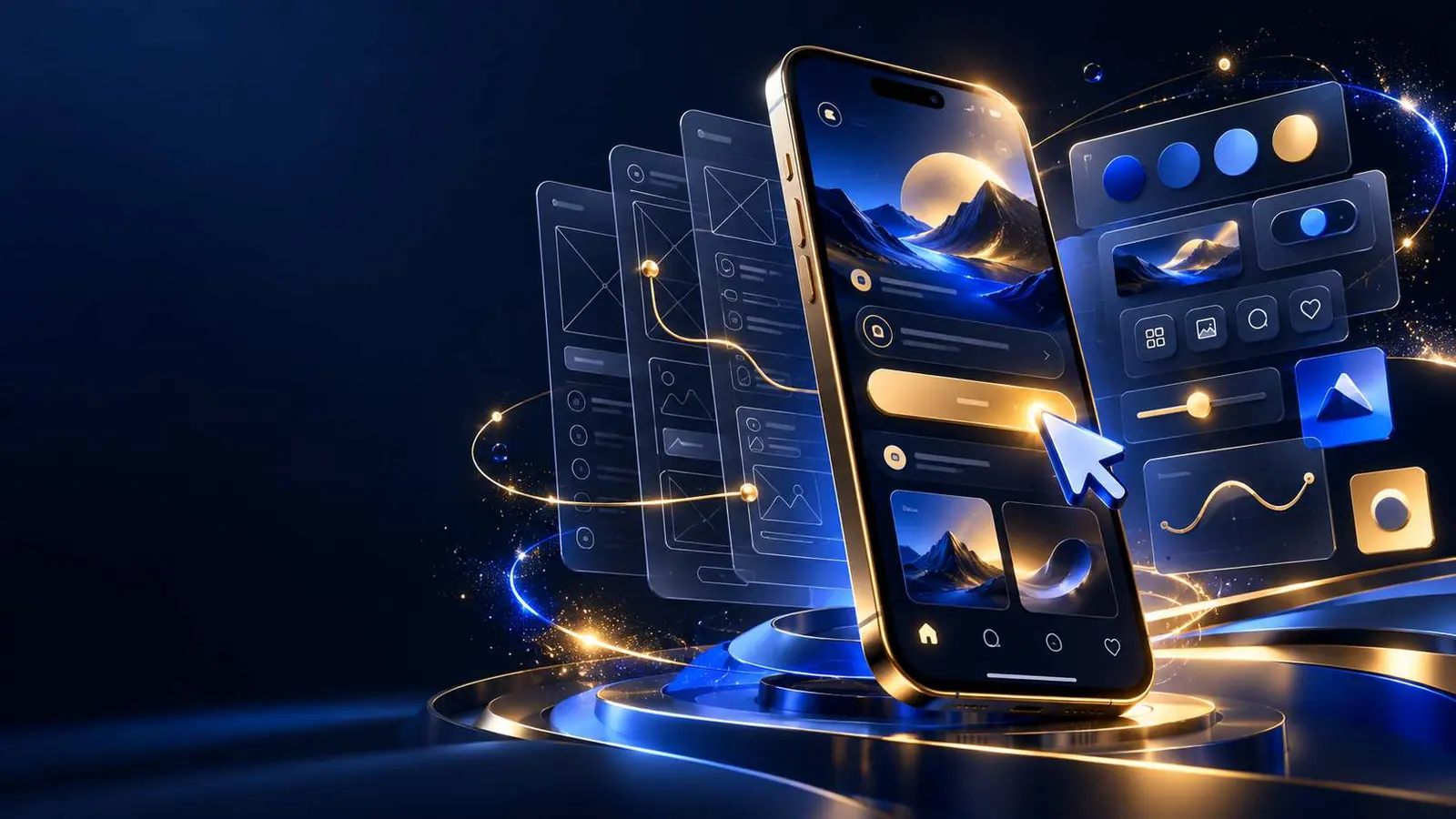 UI/UX design tools: a smartphone app screen surrounded by wireframes, interface components and a design-system panel.