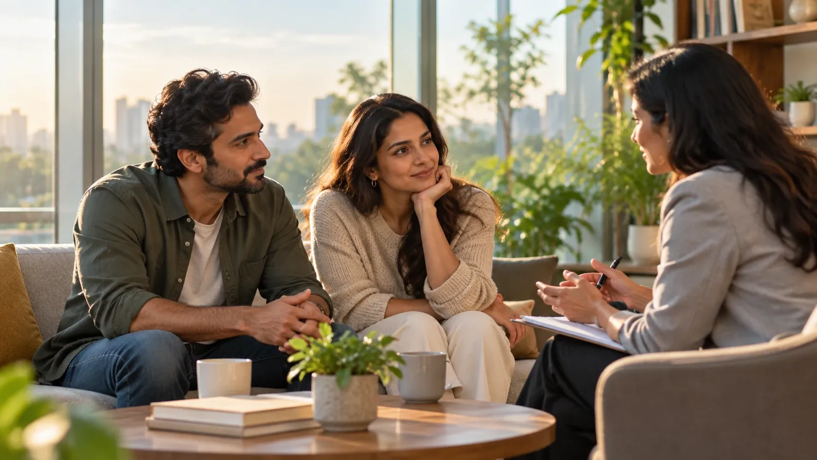Illustration: a couple listening to a counsellor who is taking notes, seated in a plant-filled room