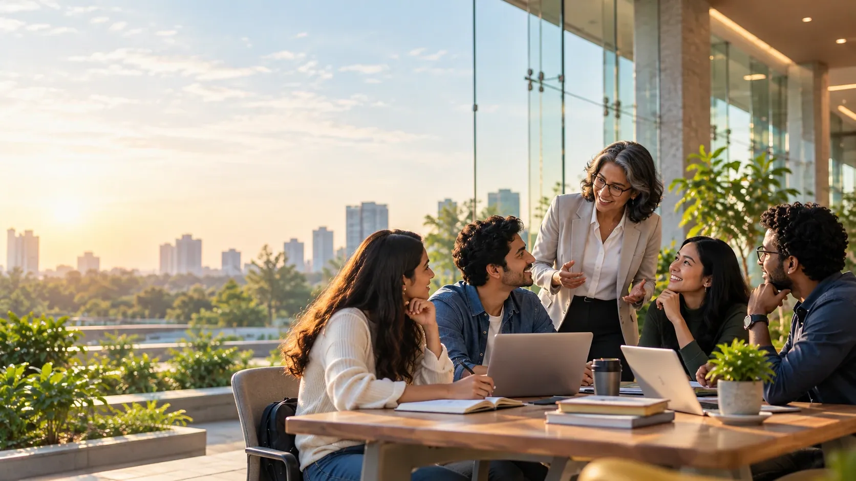 Illustration: a mentor speaking with a group of students seated around a table on a sunlit campus terrace